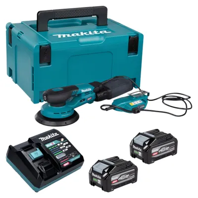Obrázek produktu pro Makita BO 002 CGU201 akumulátorová excentrická bruska 40 V max., 150 mm, zdvih 5,0 mm, bezkartáčový motor + 2x akumulátor 4,0 Ah + nabíječka + kufr Makpac