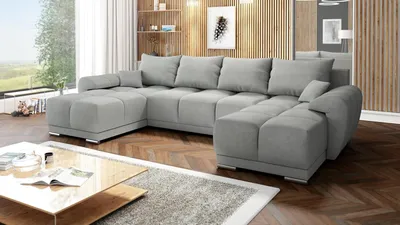 Produktbild von Velvet Ecksofa in U-Form – Hellgrau M84 Sofa – Couch mit Stauraum und Kissen - Ausziehbares Schlafsofa – Sofa mit Schlaffunktion - Schlafsofa mit Bettkasten – Gästebett – 365 x 189 cm