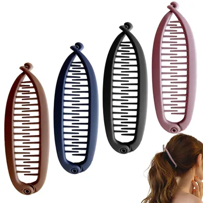Produktbild von Set mit 4 Bananen-Haarspangen für Damen, Vintage-Design, geeignet für dünnes und dickes Haar, flexibel und mit gutem Halt für Pferdeschwänze und Hochsteckfrisuren, inklusive 4 Farben.