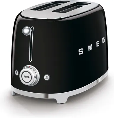 A black SMEG toaster with chrome accents, shown from a front-diagonal angle on a white background.