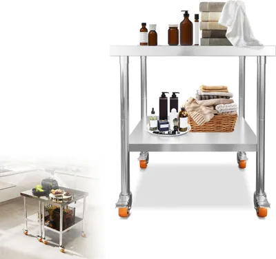 Obrázok produktu pre Pracovný stôl z nehrdzavejúcej ocele LZQ 61 × 60 × 85 cm, 300 kg, kuchynský stôl/prípravný stôl/profesionálny stôl s kolieskami a spodnou policou, do kuchyne/dielne/barov