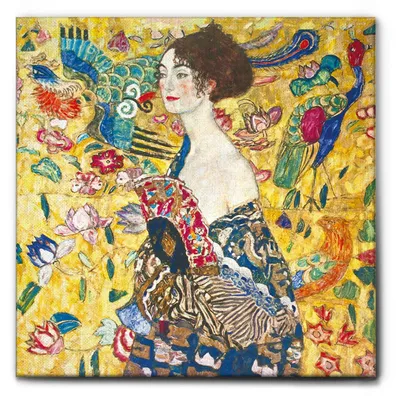Image de Giallobus - Dame avec éventail - Gustav Klimt - 70L x 70l cm - Tableau - Cadre en toile de qualité supérieure