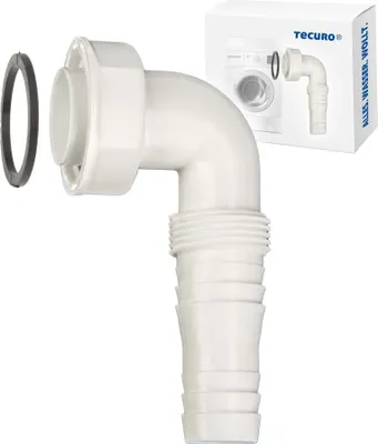 A white plastic elbow fitting with a rubber gasket and a box in the background showing a washing machine.