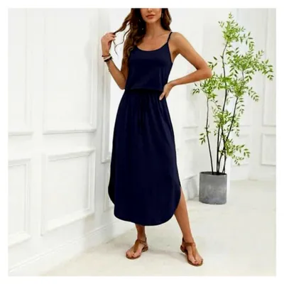 Produktbild von Damen Sommerkleid Rundhals Ärmellos mit Seitenschlitz Freizeitkleid Midi A-Linie Maxikleid Knielang Bleistiftkleid Casual Strandkleid Atmungsaktiv Pulloverkleid