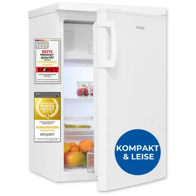 A white refrigerator with its door ajar, displaying food items inside. There are several award stickers on the left side of the refrigerator and a circular blue sticker on the door.