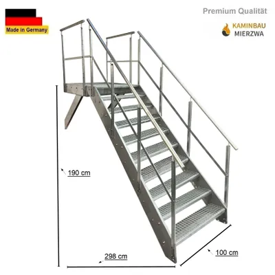 Produktbild von Podesttreppe Wangen- Stahltreppe 10 Stufen Höhe 190cm inklusive Podest 100x100cm mit Geländer verzinkt Ausrichtung Treppe Vorne (Front) Aussentreppe