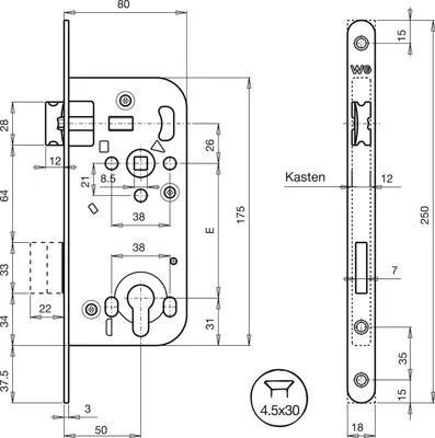 Produktbild von WG Einstemmschloss 320 R, PZ, DM 50, Stahl verzinkt silberfärbig