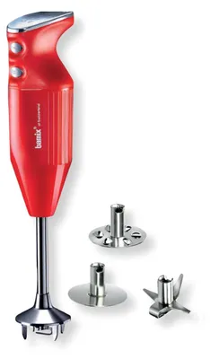 A red Bamix immersion blender with its attachments is displayed against a white background.
