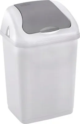 A white trash can with a gray lid.