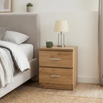 Produktbild von Krok Wood LORA Nachttisch Artisan-Eiche, Nachtkommode aus laminierter Spanplatte mit 2 Schubladen, Beistelltisch für Schlafzimmer und Wohnzimmer