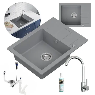 Produktbild von GranMaster Granitspüle Titanfarbe Set mit Stahlbatterie mit U-förmigem Auslauf, Professionelles Imprägniermittel und Platzsparender Siphon