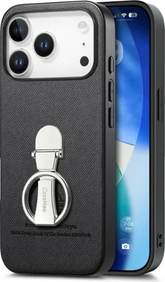 Produktbild von INF Schwarze Kunstleder Handyhülle für iPhone 17 Pro mit 360° Ringhalter