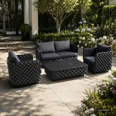 Immagine prodotto di Set da giardino composto da 4 pezzi: divano a due posti, 2 poltrone e tavolo. Set da salotto resistente alle intemperie, ideale per giardino e balcone. Colore: nero / TB627-HEI /