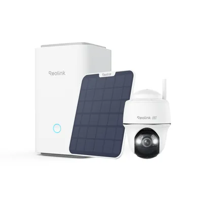 A white security camera set including a camera, a solar panel, and a base station, displayed on a white background.