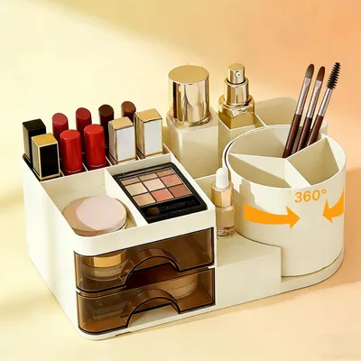 Produktbild von Drehbarer Kosmetikorganizer mit 2 Schubladen, 360° drehbarer Organizer für Pinsel, Lippenstift und Make-up, ideal für Badezimmer oder Schminktisch.