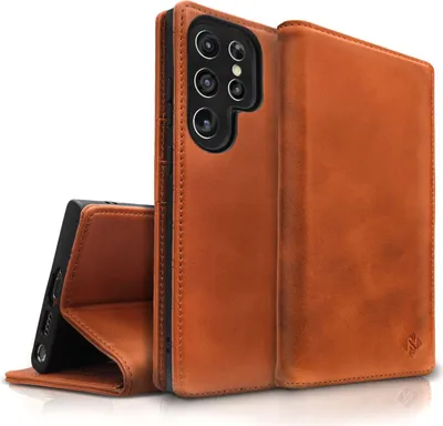 Produktbild von Flip-Case für Samsung Galaxy S23 Ultra Echt Leder Handy Hülle 360 Etui RFID Safe Braun