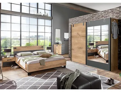 Produktbild von Schlafzimmer-Set mit Bett 180x200 cm & Schwebetürenschrank in Eiche mit graphit, 6-teilig - MONTELLA-43