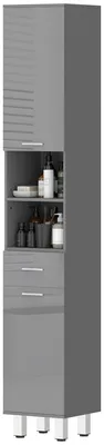 Zdjęcie produktu dla Płyta laminowana, wysoka szafka do łazienki, wąska, z szufladą, kolor: szary | regulowane półki | 1 szuflada, 2 przegródki, 2 drzwiczki | 30 x 30 x 180 cm