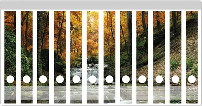 Produktbild von Wallario Ordnerrücken Sticker, selbstklebend für schmale Ordner, 12 Stück, Motiv Kleiner Bach über Steine im Herbstwald