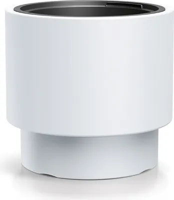 A white cylindrical planter with a black insert is shown against a white background.