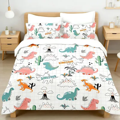 Immagine prodotto di Omgoods - Set di lenzuola con copripiumino a tema dinosauri, 135 x 200 cm