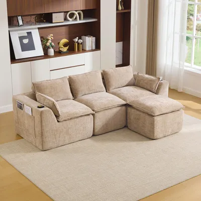Produktbild von okwish Dreisitzer Ecksofa mit einer Fußhocker und Kissen, Wohnzimmersofa mit Getränkehalter und Seitentaschen, Modulares Sofa,Chenille,khaki