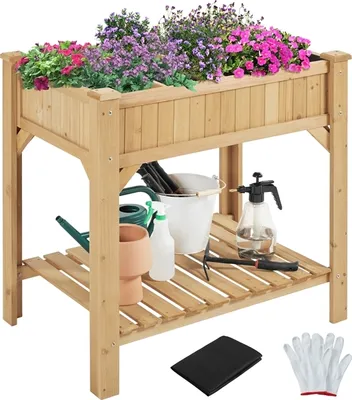 Produktbild von Yaheetech Blumenkasten Hochbeet für Garten Gemüsebeet Pflanzkasten mit Ablagefach und Entwässerungslöchern, wetterfest, Hellbraun