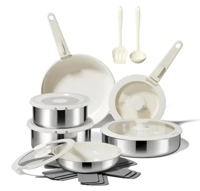 Image de Ensemble de 16 pièces de batterie de cuisine beige, avec poignée amovible, compatible avec les plaques à induction et utilisable au four