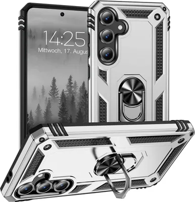 A silver and black rugged phone case with a ring holder is shown from multiple angles, with a phone screen visible in the background.