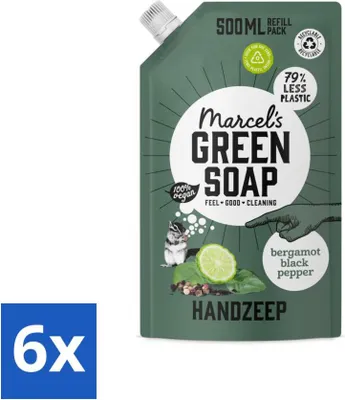 Produktbild von Marcel's Green Soap - Handseife - Bergamotte & Schwarzer Pfeffer - Natürliche Pflege - 500 ml - Vorteilspack - 6 Stücke