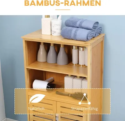 Produktbild von Badezimmerschrank Aus Bambus Unterschrank Mit Lamellentüren, Kippschutz, Landhausstil, Mehrzweckschrank