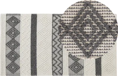 Zdjęcie produktu dla BELIANI Dywan beżowo-szary wełna poliester 80 x 150 cm ręcznie tkany geometryczny wzór w stylu boho do salonu sypialni