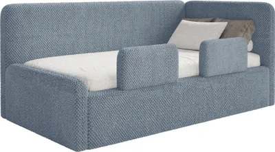 Produktbild von Selsey Fanko – Kinderbett 90x200 cm mit Rausfallschutz, Matratze, Kopfteil rechts, Plüsch, Blau
