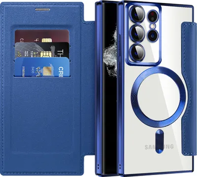 Obrázek produktu pro Flipový kryt pro Samsung Galaxy S22 Ultra 5G kompatibilní s Magsafe, průhledný kryt Card Holder Kožené pouzdro s ochranou fotoaparátu Blue