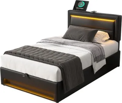 Produktbild von Polsterbett 90x190 cm (Ohne Matratze) Schwarz PolyurethanLitschi-Muster Mit USB-Anschluss LED-Beleuchtung Mit Stauraum