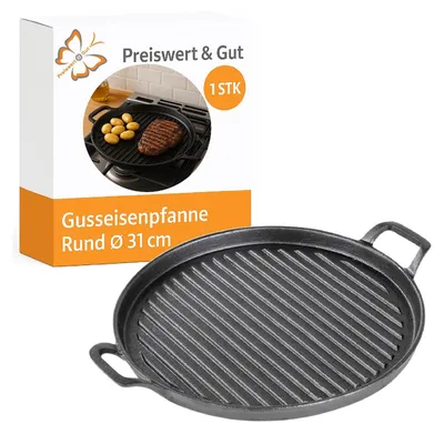 Produktbild von Gusseisen Pfanne Rund Grillplatte Ø 31 cm aus massiv 2,9 kg mit Griffen für BBQ, Grill, Herd & Ofen, gleichmäßige Wärmeverteilung auf der Platte