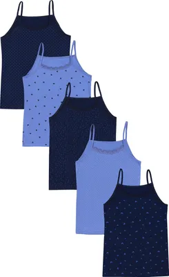 Produktbild von TupTam Mädchen Unterhemd Spaghettiträger Top – Atmungsaktive Unterhemden Mädchen im 5er Pack, Farbe: Spitze Herzchen Punkte Dunkelblau, Größe: 122-128