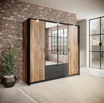 Produktbild von Design Möbel - Kleiderschrank Milton 223,2x210x59 cm – Schrank mit Spiegel für Schlafzimmer & Wohnzimmer – modernes Design