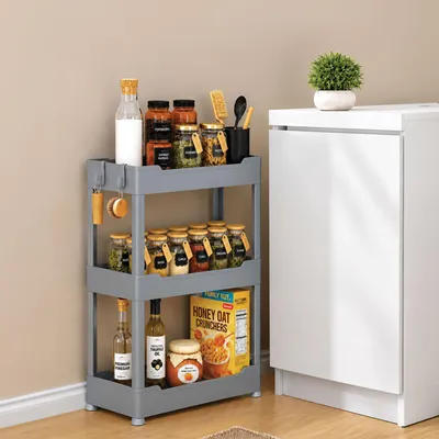 Imagen del producto de Estantería de almacenamiento de 3 niveles con 4 ganchos – Organizador que ahorra espacio para cocina, baño y hogar – Con patas – Gris