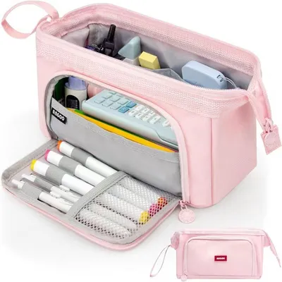 Image de Étui à crayons rose - Étui à crayons - Étui à crayons - Rose - Avec une grande fermeture éclair - 2 compartiments - Étui pour l'école - CHPN