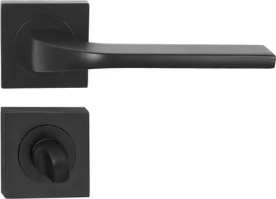 A black door handle set, including a lever handle and a privacy knob, is displayed against a white background.