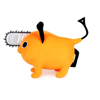 A plush toy of Pochita from Chainsaw Man, shown from the side against a white background.