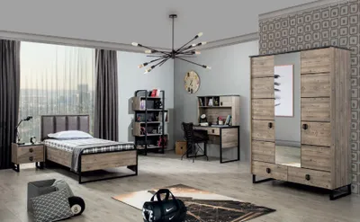 Produktbild von Jugendzimmer Loft Kinderzimmer Set Nachttisch Bücherregal Schreibtisch Schrank