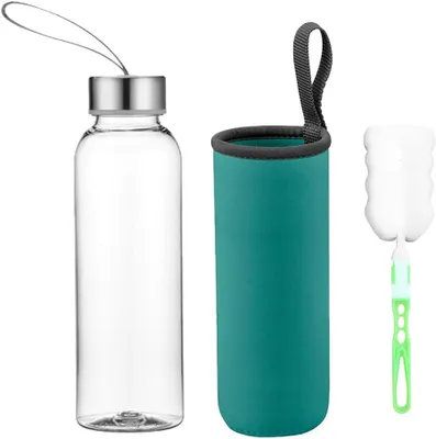 Imagen del producto de Botella de agua de vidrio, 550 ml, fabricada en vidrio de borosilicato, con funda de nylon, ideal para deportes y viajes