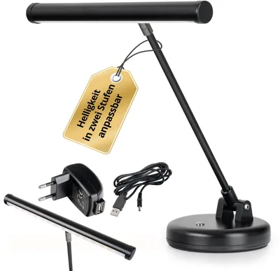 Produktbild von Showlite PL-1-BK-KW LED Klavierleuchte - Klavierlampe mit 15 LEDs - kaltweißes Licht in 2 Stufen - 36 cm Höhe - Betrieb per USB, Netzstrom oder Batterie - schwarz