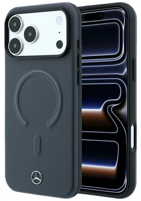 Imagen del producto de Funda 3D para iPhone 18 Pro, compatible con MagSafe, de cuero sintético en color gris antracita, con logo metálico