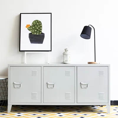 Image de Armoire TV 'Kotka' avec 3 portes métal 113 x 40 x 58 cm blanc