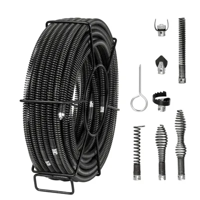A coiled drain cleaning snake and its attachments are displayed against a white background.