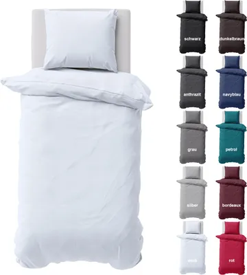 Produktbild von Bettwäsche 155x220 cm Bettbezug 100%Baumwolle Renforce Einfarbig Bettgarnitur Set Weiß 2 teilig