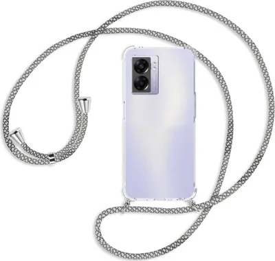 Produktbild von Handykette Backcover-Schutzhülle mit Band (Metall silberfarben) für Realme Narzo 50 5G, A57 / A77 - weiß/grau kariert